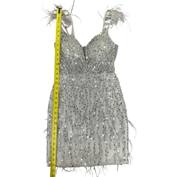 Gianni Bini GB Silver Sequin Feather Cocktail Dress Illusion V Neck - Picture 15 of 15
